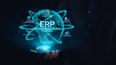 ERP platformu, kurumsal kaynak planlaması, entegrasyon, veri akışı, iş verimliliği, finans, envanter ve insan kaynaklarının iyileştirilmesi için merkezi sistemi göstermektedir. Elide