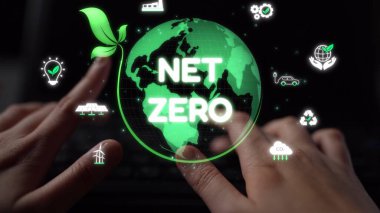 Çevresel denge, dijital sürdürülebilirlik ikonları, yeşil enerji hedefleri ve gelecek için eko-bilinçli dijital iş dönüşümü ile ağ sıfır ve sürdürülebilirlik kavramları. Muxer