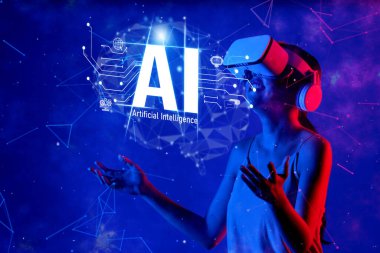 A woman explores virtual reality, showcasing the influence of artificial intelligence on human experiences. The immersive digital environment highlights innovation and technology. XDMCP