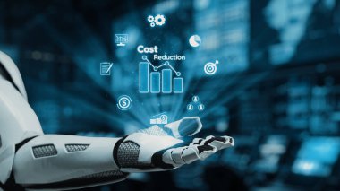 Robot bir el, teknolojik gelişmeyi vurgulayarak, lüks ve modern ofis ortamında maliyet azaltma ve iş verimliliği odaklı dijital ölçümler sergiliyor. Auvana