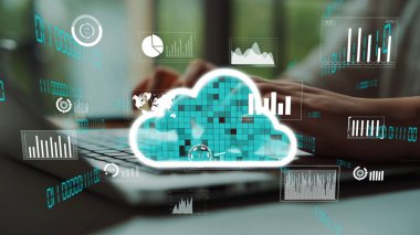 This image illustrates cloud computing concepts with data analysis visuals, showing a modern workspace featuring charts, statistics, and innovative technology trends. Xenic