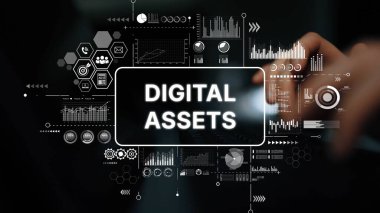 Modern İş Ortamı 'nda Grafikleri, Verileri, Analizleri ve Teknolojiyi Gösteren Dijital Varlıklar Konsepti. Asemptotik akıllı veri analitiği.