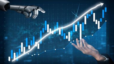 A captivating image showing a robotic hand reaching toward a human hand, above a rising stock market graph, symbolizing the connection between technology and finance. Copula