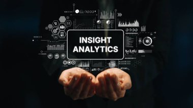 Professional Businessman Presenting Insight Analytics Data Visualization with Digital Graphs and Statistics. Asymptotic smart data analytic.