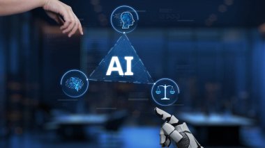 Visual representation of artificial intelligence showcasing collaboration between human and robotic hands in a sleek office environment, symbolizing progress and innovation. Synapse