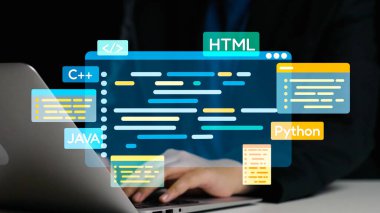A dynamic image showcasing a laptop in use, featuring an overlay of programming code including languages like HTML, , and , perfect for tech-related projects. Qubit