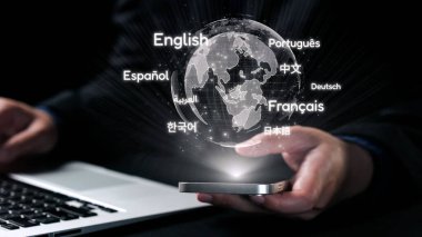 A creative representation illustrating global connectivity through a smartphone and laptop interface featuring various world languages to emphasize communication and understanding. Qubit