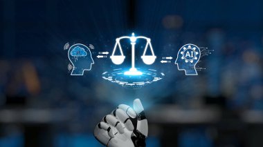This image illustrates the intersection of artificial intelligence and ethics in law, showcasing a robotic hand and balancing scales, symbolizing justice and innovation in the digital age. Synapse