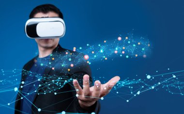 A man wearing a virtual reality headset captures the essence of innovative technology, showcasing digital interactions and social media connections in a dynamic and immersive setting. XDMCP