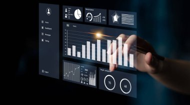 A detailed digital interface showing data analysis and performance metrics, with a human hand interacting through touch, representing modern technology use. Impute