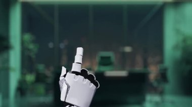 A robotic hand interacts with a digital globe showcasing the net zero concept, surrounded by eco-friendly icons, symbolizing innovation in environmental sustainability within a modern office. Auvana