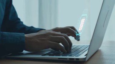 Hands Typing on Laptop with Digital Interface Overlays, Symbolizing Technology, Communication, and Modern Digital Work Environment. Qubit.