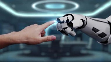 A human hand interacts with a robotic hand against a backdrop of a digital globe, symbolizing the fusion of technology and creativity for future innovations. Auvana