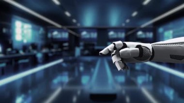 A robotic arm engaging with a futuristic contact us interface in a high-tech digital environment, symbolizing the connection between technology and communication solutions. Auvana