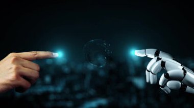 Gelecekçi robot yapay zeka yapay zeka yapay zekayı aydınlatıyor ve makine öğrenme kavramını geliştiriyor. İnsan hayatının geleceği için küresel robot biyonik bilim araştırması. 3B görüntüleme grafiği.