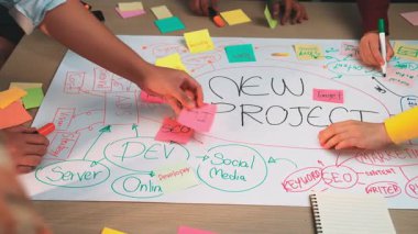 A vibrant brainstorming session showcasing a collaborative team working on a new project with colorful post-it notes and creative ideas spread across a table. SACTR