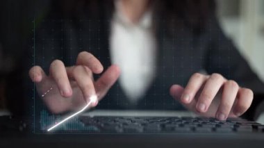 A focused businessperson analyzes financial data with a visible stock market graph, showcasing growth trends using modern technology in a professional office setting. Copula