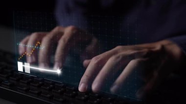 Hands on a keyboard with a digital chart displaying financial growth metrics. The image represents data-driven decision making in business and finance. Copula