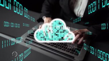 A business professional engages with a laptop, showcasing the concept of cloud technology and data analysis through digital graphs and innovative workplace solutions. Xenic