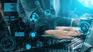 High-tech image illustrating hands typing on a laptop amidst digital graphs and data icons, representing modern business and technology integration in a professional environment. Xenic