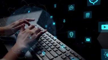 A close-up image featuring hands typing on a keyboard with glowing digital icons representing technology and communication, illustrating modern data interaction and virtual engagement. Xenic