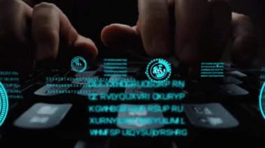 Grafik kullanıcı arayüzü GUI hologramı ile dizüstü bilgisayar klavyesinde çalışan adam büyük veri bilimi teknolojisi, dijital ağ bağlantısı ve bilgisayar programlama algoritması kavramlarını gösteriyor. Topla