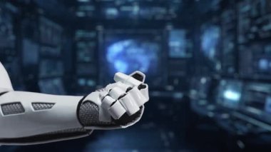 A robotic hand presents an AI chatbot interface showcasing command prompts and cloud elements, representing the future of digital communication and technology integration. Auvana
