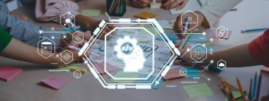 A vibrant brainstorming session showcasing diverse hands engaged in creative thinking, with digital graphics enhancing the collaborative atmosphere in an office environment. Trope