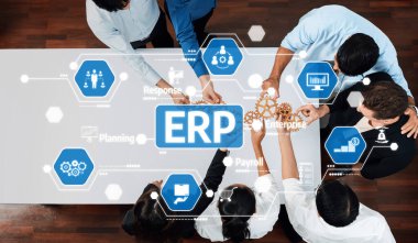 A diverse team collaborates on an ERP implementation strategy, surrounded by digital interfaces depicting essential management processes and tools for business efficiency. Amity