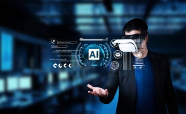 Explore the intersection of artificial intelligence and virtual reality in this futuristic workspace, showcasing a user interacting with advanced technology and digital interfaces. XDMCP