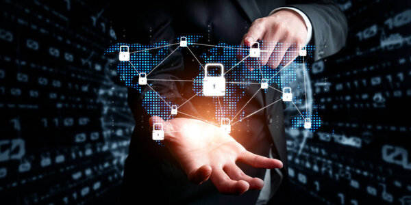 A digital representation showcasing a business professional highlighting global security measures with network protection symbols emphasizing cyber safety and risk management. XDMCP