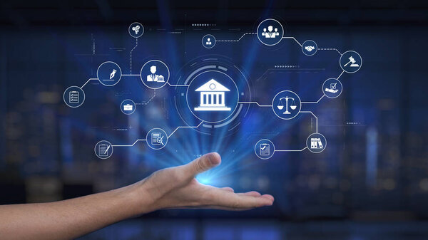 A conceptual image showing digital transformation in government services, featuring a hand presenting various icons related to law, administration, and citizen engagement. Synapse