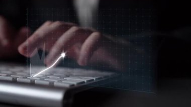 This image captures a digital workspace scene featuring hands on a keyboard with graphs and charts, illustrating financial growth and data analysis in business. Copula