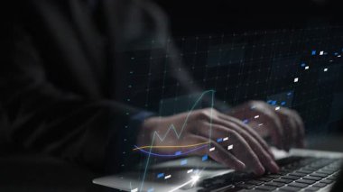 A businessman works on a laptop, analyzing financial data with graphs and charts that illustrate growth trends, highlighting modern business strategies and technology. Copula
