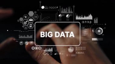 Hands Typing on a Keyboard Surrounded by Visual Data Analytics and Big Data Concepts in a Dark Background. Asymptotic smart data analytic.
