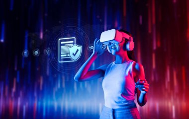 A woman wearing a VR headset engages in a virtual environment that highlights compliance and regulation, symbolizing quality assurance in innovative technology. XDMCP