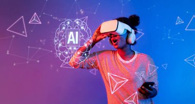 A dynamic scene showcasing a user immersed in a virtual reality experience, blending artificial intelligence with innovative technology in a colorful digital landscape. XDMCP