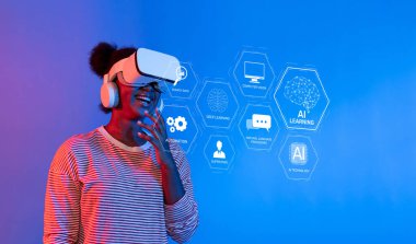 A joyful individual engages with virtual reality technology, exploring assistive functions and innovations in artificial intelligence and natural language processing solutions. XDMCP