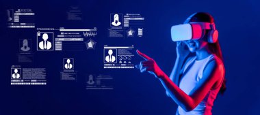 A woman wearing a virtual reality headset engages with digital identity information and cybersecurity data in a futuristic setting, highlighting technology interactions. XDMCP