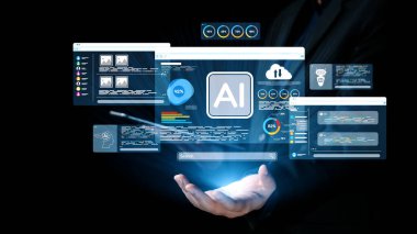 Teknolojik yenilikleri ve dijital çözümleri sergilemek için ideal veri görselleştirme elementlerini içeren gelecekteki yapay zeka arayüzünü sunan bir el. Dörtgen
