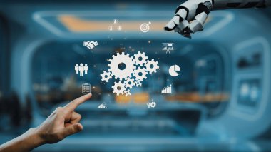 Teknoloji ve işbirliğini sembolize eden, modern ofis ortamında çeşitli veri simgeleri ve dişlilerle etkileşen robotik bir eli tasvir eden fütürist bir sahne. Auvana