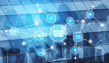 Visual representation of digital connections with various icons symbolizing social media, communication, and business growth set against an urban skyline background. Tessel