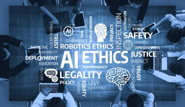 A group of professionals engages in a discussion about AI ethics, emphasizing key topics like transparency, trust, and safety in technology impact on society. Tessel