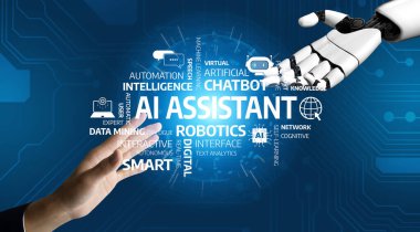 Futuristic AI Assistant Interface with Human Hand Reaching Out to Robotic Arm on Blue Background with Keywords of Technology and Innovation. Tessel.