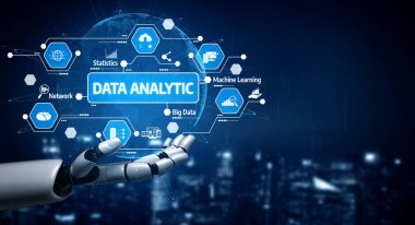 A futuristic robotic hand showcases the concept of data analytics, surrounded by icons representing machine learning, big data, and digital technology, emphasizing innovation. Tessel