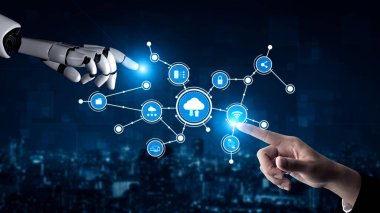 A human hand interacts with a robotic hand in a digital setting, reflecting advancements in technology and the future of data sharing and automated systems. Tessel