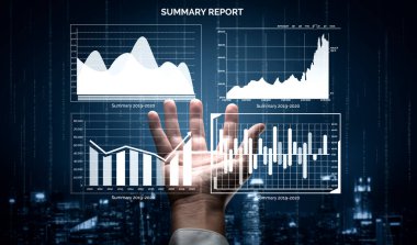 A professional business summary report featuring various graphs and data visualizations displayed by a hand against a futuristic urban backdrop. Impute