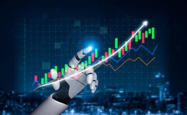 A futuristic robotic hand interacts with a dynamic financial growth chart, showcasing green and red candlestick patterns that symbolize market trends and insights. Impute