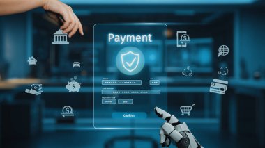 Robotik bir elin dijital güvenlik kalkanıyla etkileşime girdiği, güvenli çevrimiçi işlemler ve finans alanındaki yeniliği simgeleyen fütüristik bir ödeme arayüzü. Auvana