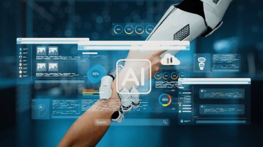 Fütüristik bir robot el, düzgün bir çalışma ortamında veri, yapay zeka elementleri ve modern teknolojiyi gösteren dinamik bir dijital arayüzle bağlantı kurar. Auvana